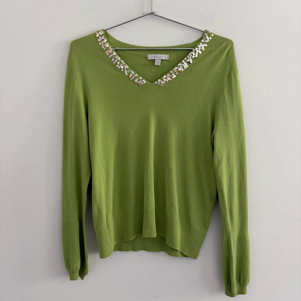 Bogari Womens Green Sequin V-Neck Long Sleeve Knit Pullover Sweater Size M